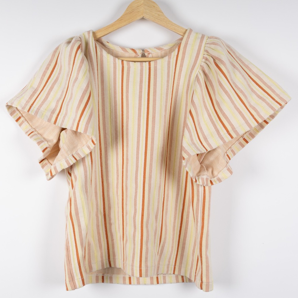 Madewell Women Flutter Sleeve Top Cotton Blend Striped Size S Beige‎